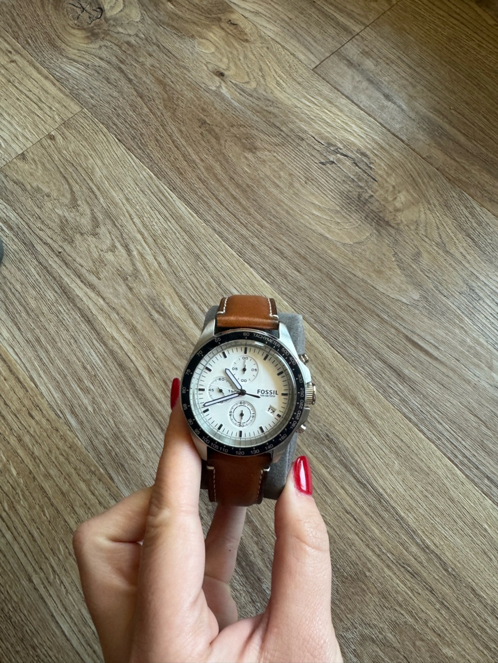 Fossil Silver-Tone Chronograph Watch with Brown Leather Strap